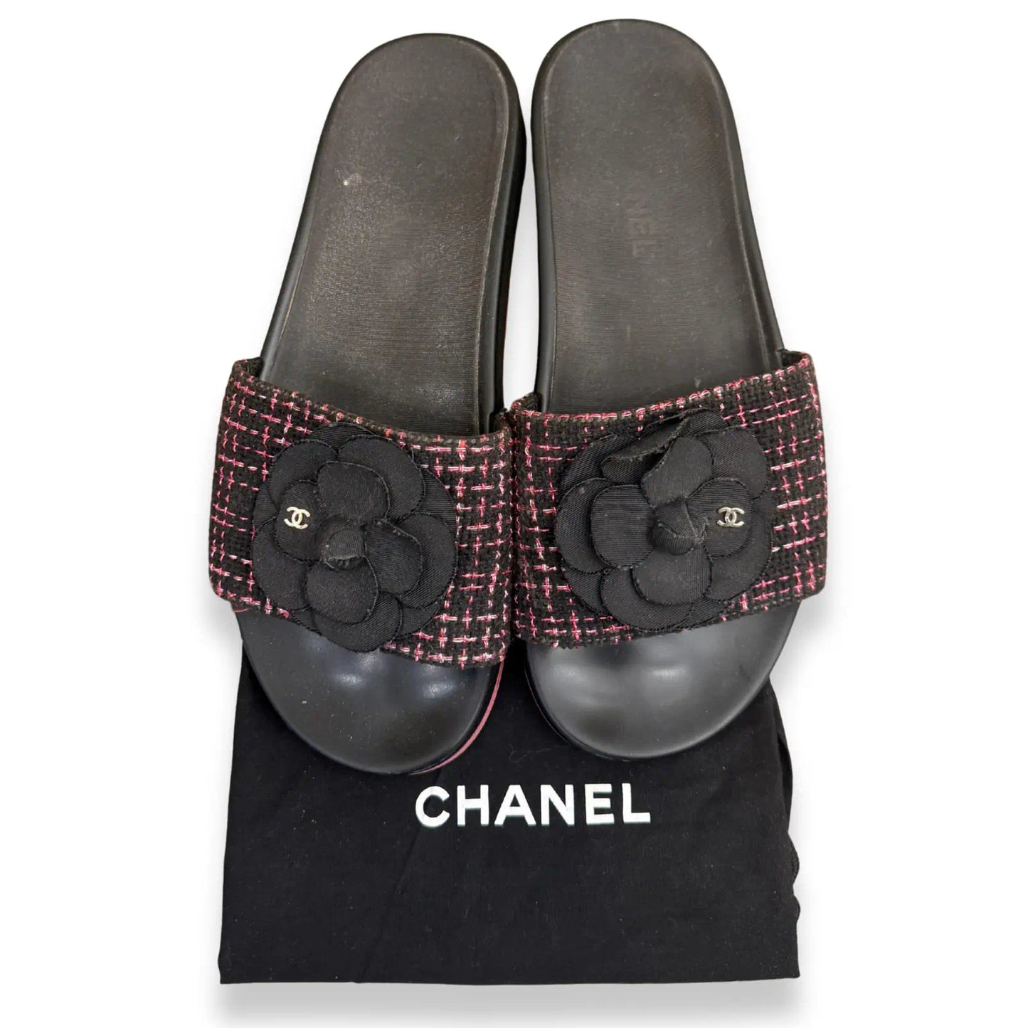 CHANEL PINK TWEED SANDALS