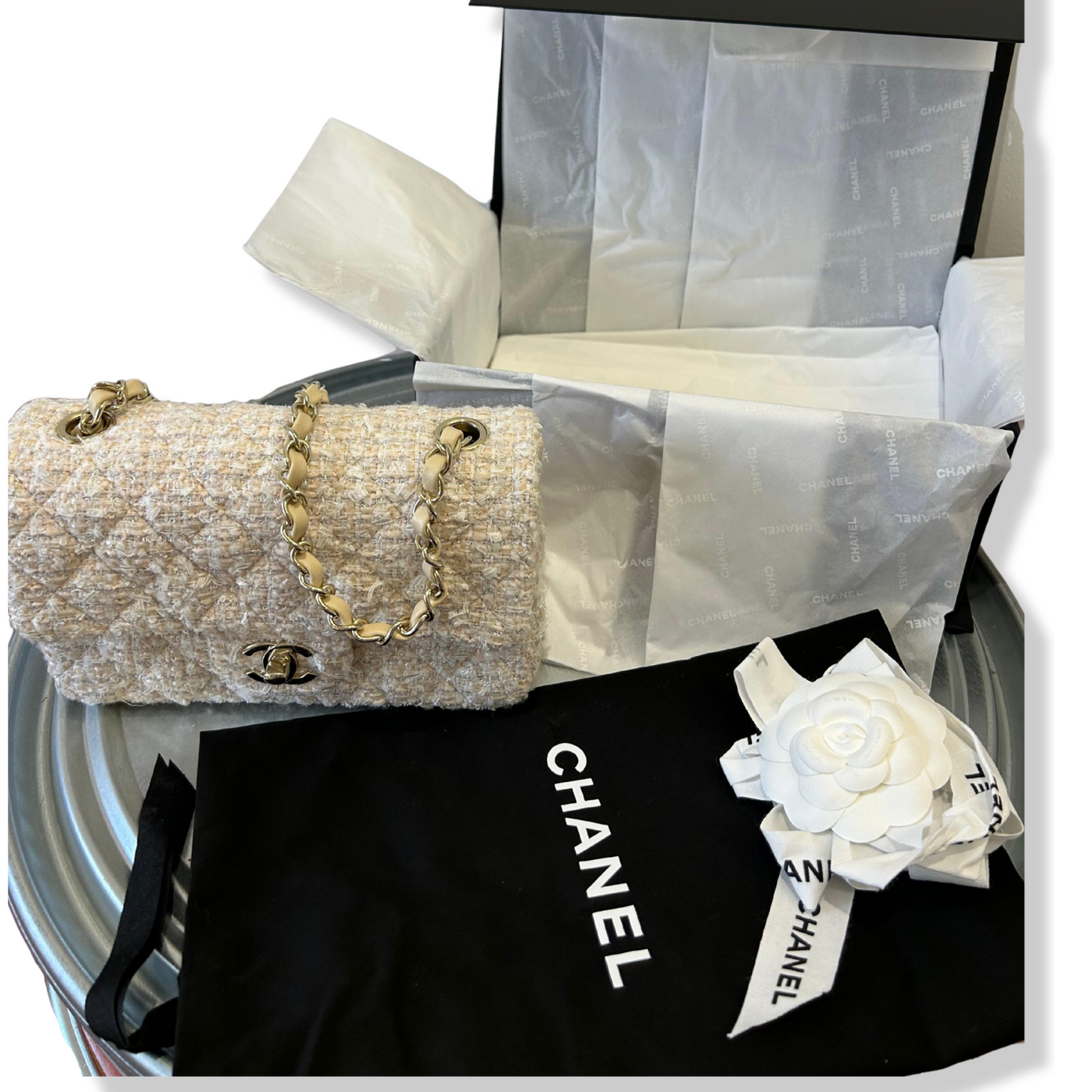 CHANEL BEIGE TWEED MINI CLASSIC FLAP BAG
