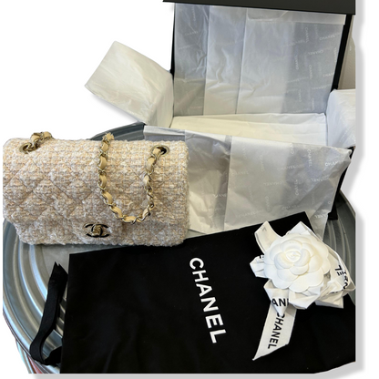 CHANEL BEIGE TWEED MINI CLASSIC FLAP BAG