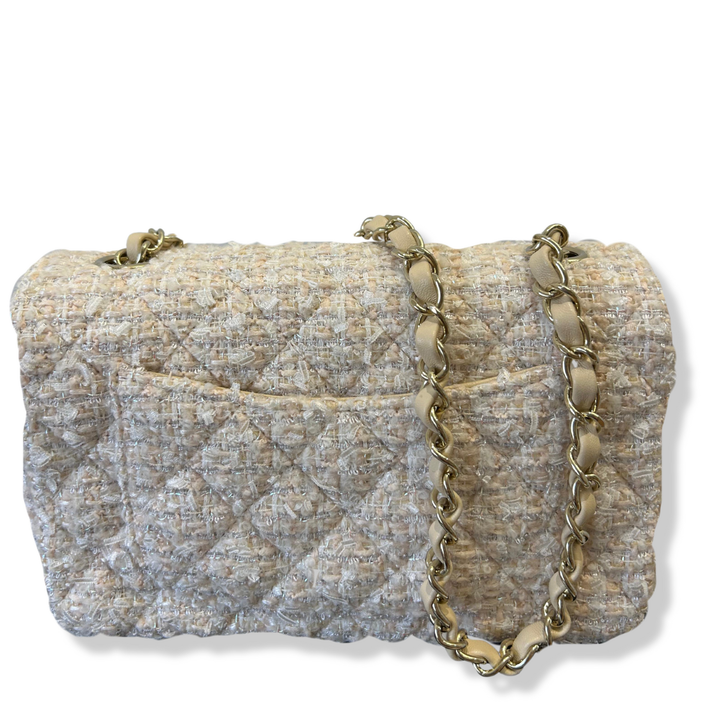 CHANEL BEIGE TWEED MINI CLASSIC FLAP BAG