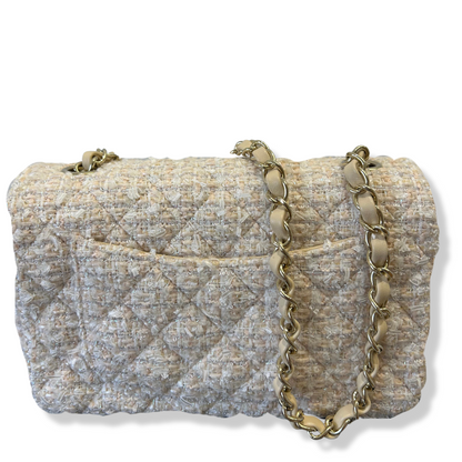 CHANEL BEIGE TWEED MINI CLASSIC FLAP BAG