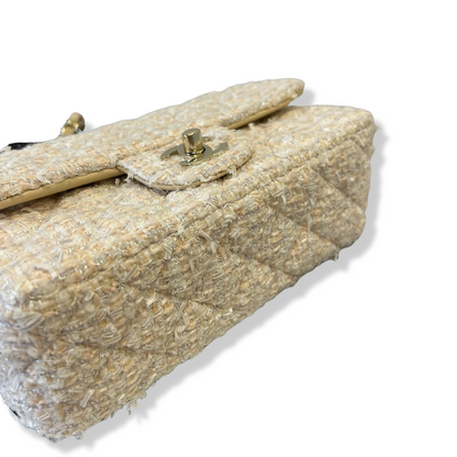 CHANEL BEIGE TWEED MINI CLASSIC FLAP BAG