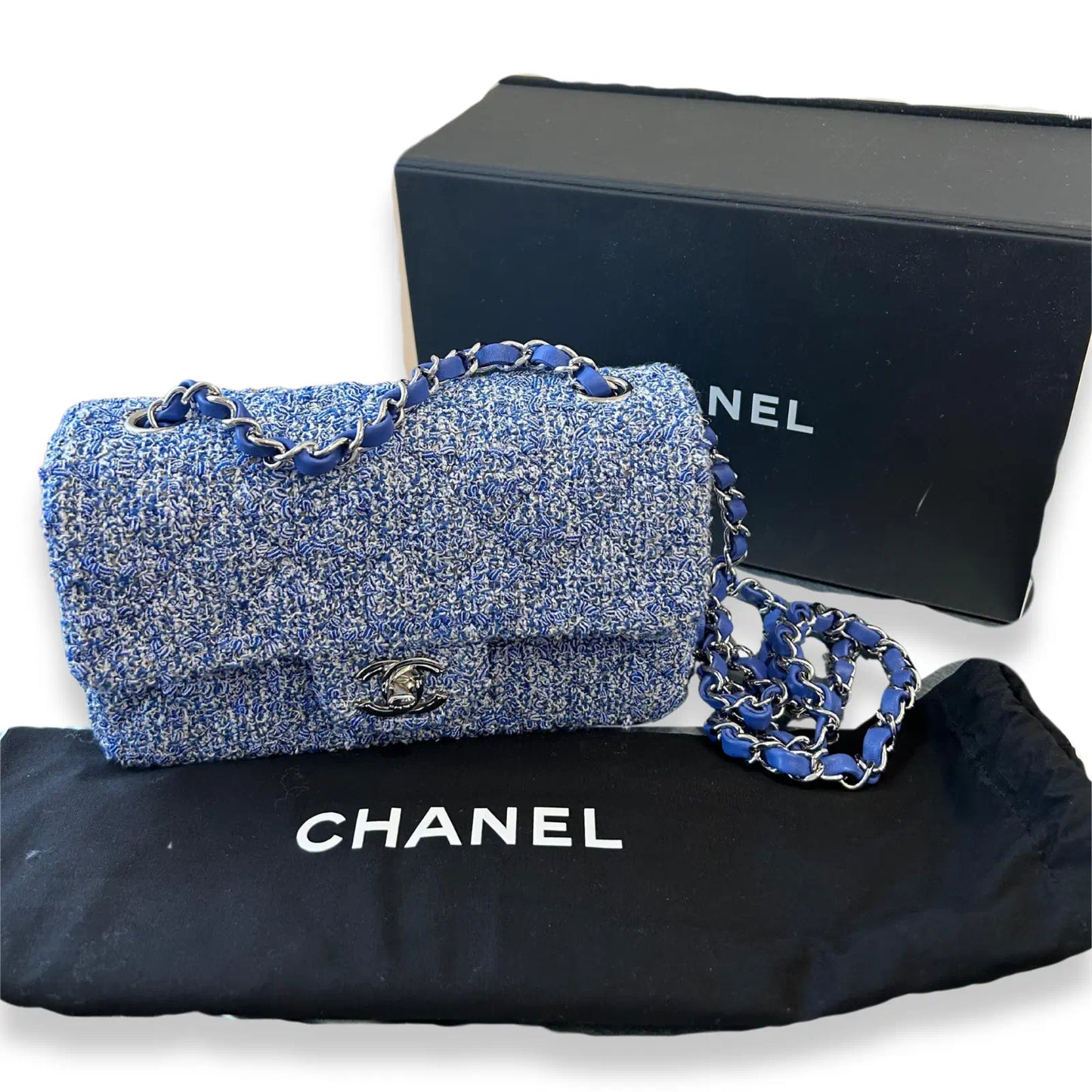 CHANEL BLUE TWEED SMALL CLASSIC FLAP BAG