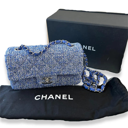 CHANEL BLUE TWEED SMALL CLASSIC FLAP BAG