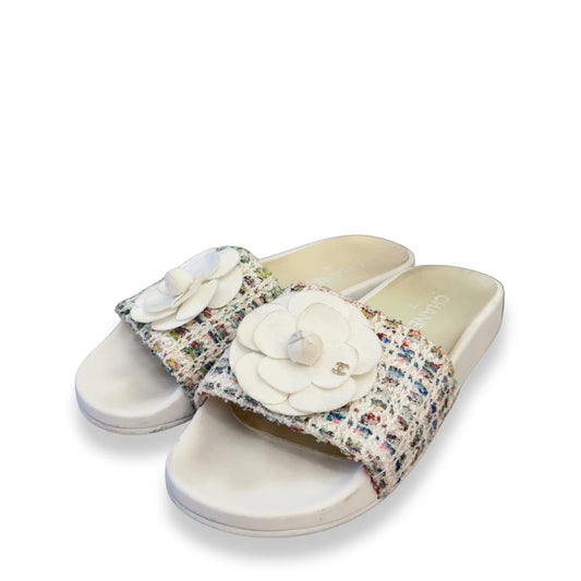 CHANEL WHITE TWEED SANDALS