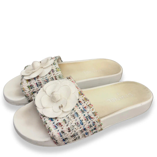 CHANEL WHITE TWEED SANDALS