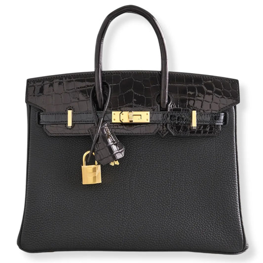 HERMÈS BIRKIN 25 TOUCH BLACK TOGO & CROC LEATHER BAG