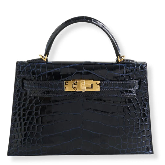 HERMÈS MINI KELLY BLUE MARINE SHINY ALLIGATOR LEATHER BAG