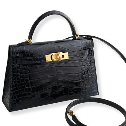 HERMÈS MINI KELLY BLUE MARINE SHINY ALLIGATOR LEATHER BAG