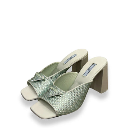 PRADA HIGH-HEELED CRYSTAL SATIN SLIDES