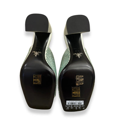 PRADA HIGH-HEELED CRYSTAL SATIN SLIDES