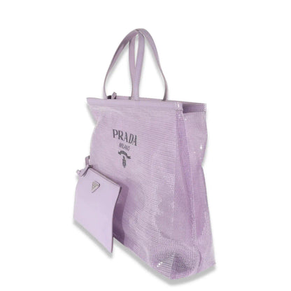 PRADA PURPLE SEQUINS LOGO TOTE BAG