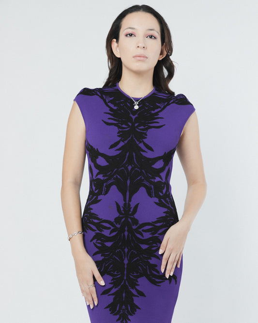 VESTIDO DE JACQUARD DE ENCAJE CON ESPINACA PÚRPURA DE ALEXANDER MCQUEEN