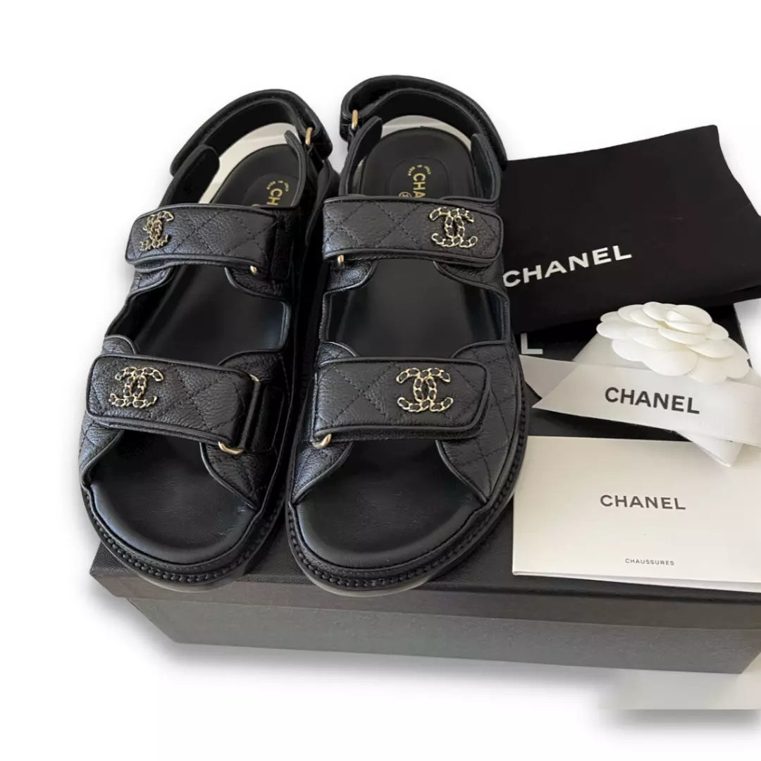 Chanel Light Bronze Quilted Lambskin Leather Dad Sandals Size 4.5/35 -  Yoogi's Closet