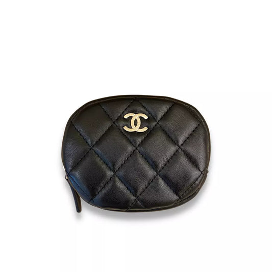 CHANEL BLACK LEATHER ROUND COIN PURSE