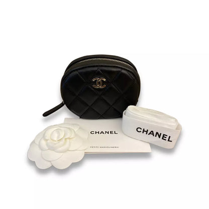CHANEL BLACK LEATHER ROUND COIN PURSE