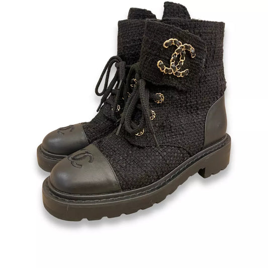 CHANEL BLACK QUILTED TWEED CC BOOTS