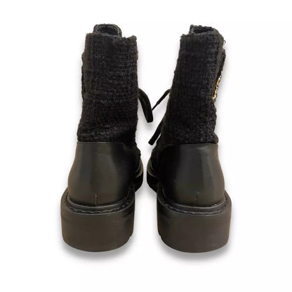 CHANEL BLACK QUILTED TWEED CC BOOTS