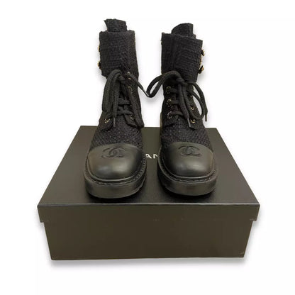 CHANEL BLACK QUILTED TWEED CC BOOTS