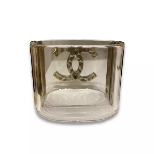 CHANEL CLEAR RESIN AND PEARLS CC WIDE CUFF BRACELET