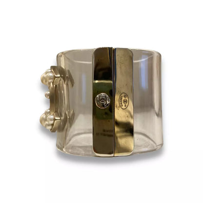 CHANEL CLEAR RESIN AND PEARLS CC WIDE CUFF BRACELET