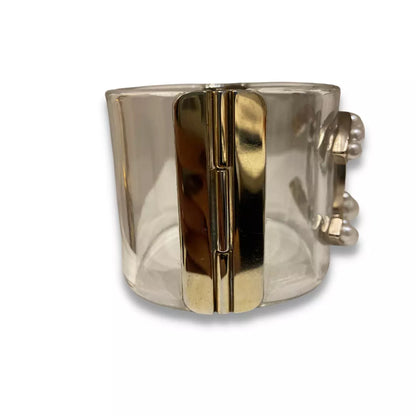 CHANEL CLEAR RESIN AND PEARLS CC WIDE CUFF BRACELET