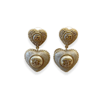 CHANEL HEART DOUBLE PEARL CC EARRINGS