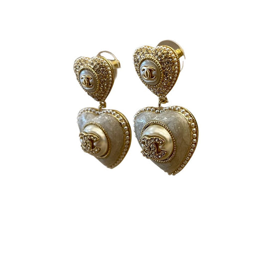 CHANEL HEART DOUBLE PEARL CC EARRINGS