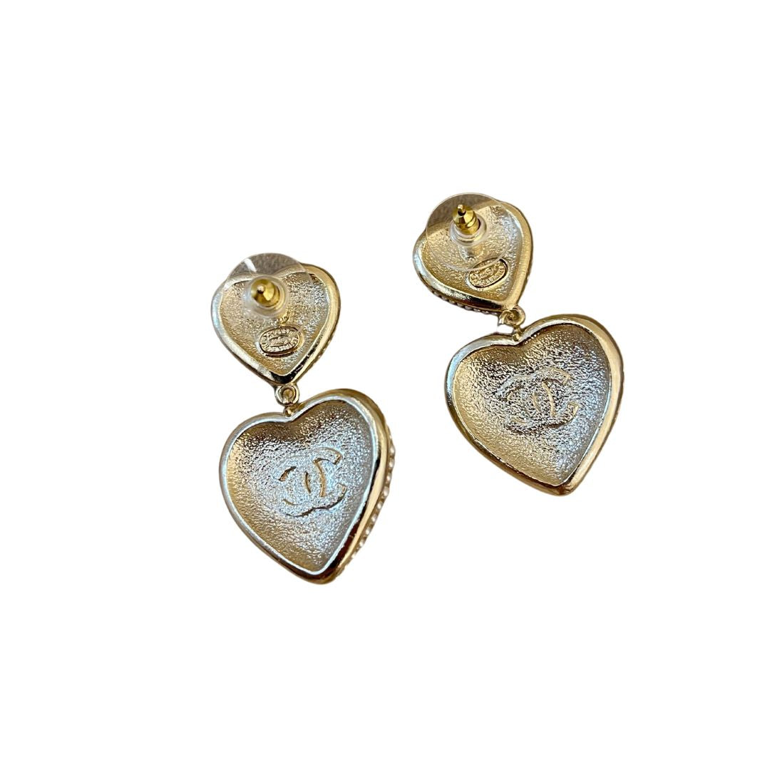 Chanel Heart Double Pearl CC Earrings