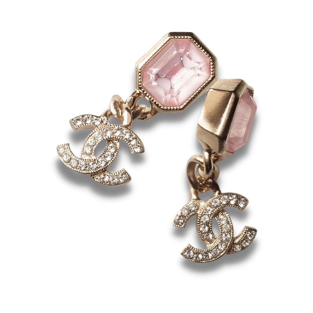 Chanel Pink Crystal Metal Strass Earrings