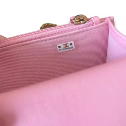 CHANEL PINK LEATHER WALLET ON CHAIN BAG