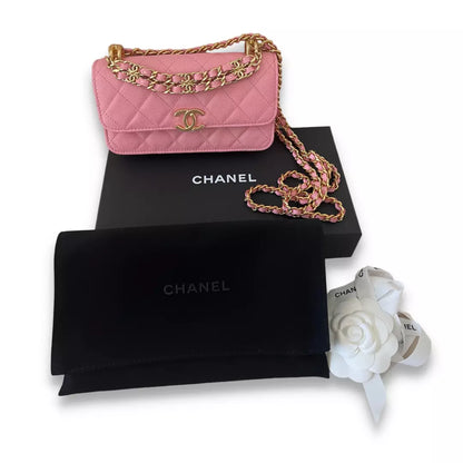 CHANEL PINK LEATHER WALLET ON CHAIN BAG
