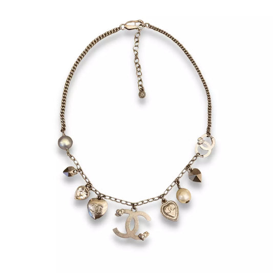 CHANEL METAL ICONIC PEARLS LOGO CC NECKLACE