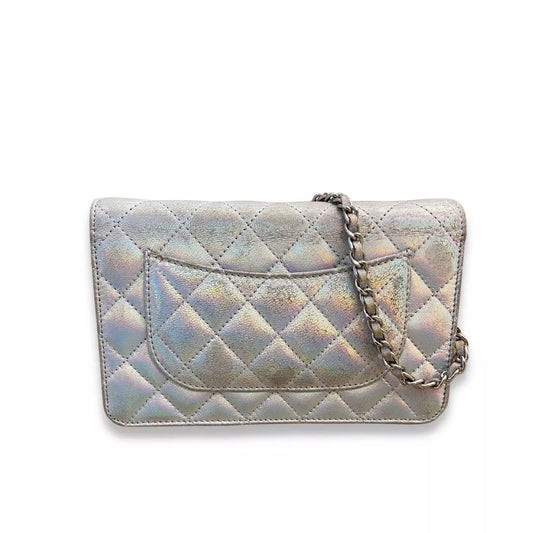 CHANEL SILVER LEATHER WALLET ON CHAIN BAG