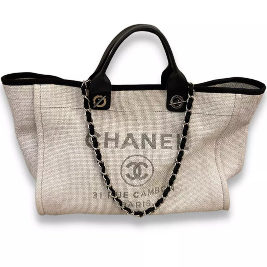 CHANEL WHITE CANVAS DEAUVILLE TOTE BAG
