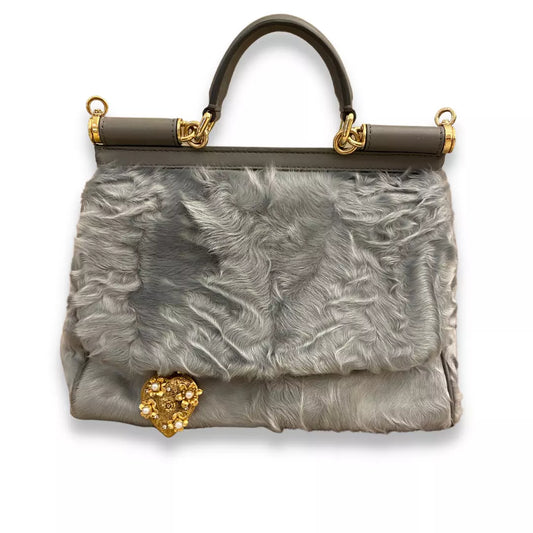 DOLCE & GABBANA GREY ASTRAKHAN FUR SICILY BAG