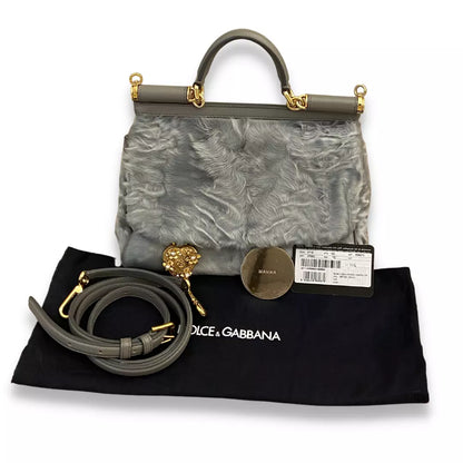 DOLCE & GABBANA GREY ASTRAKHAN FUR SICILY BAG
