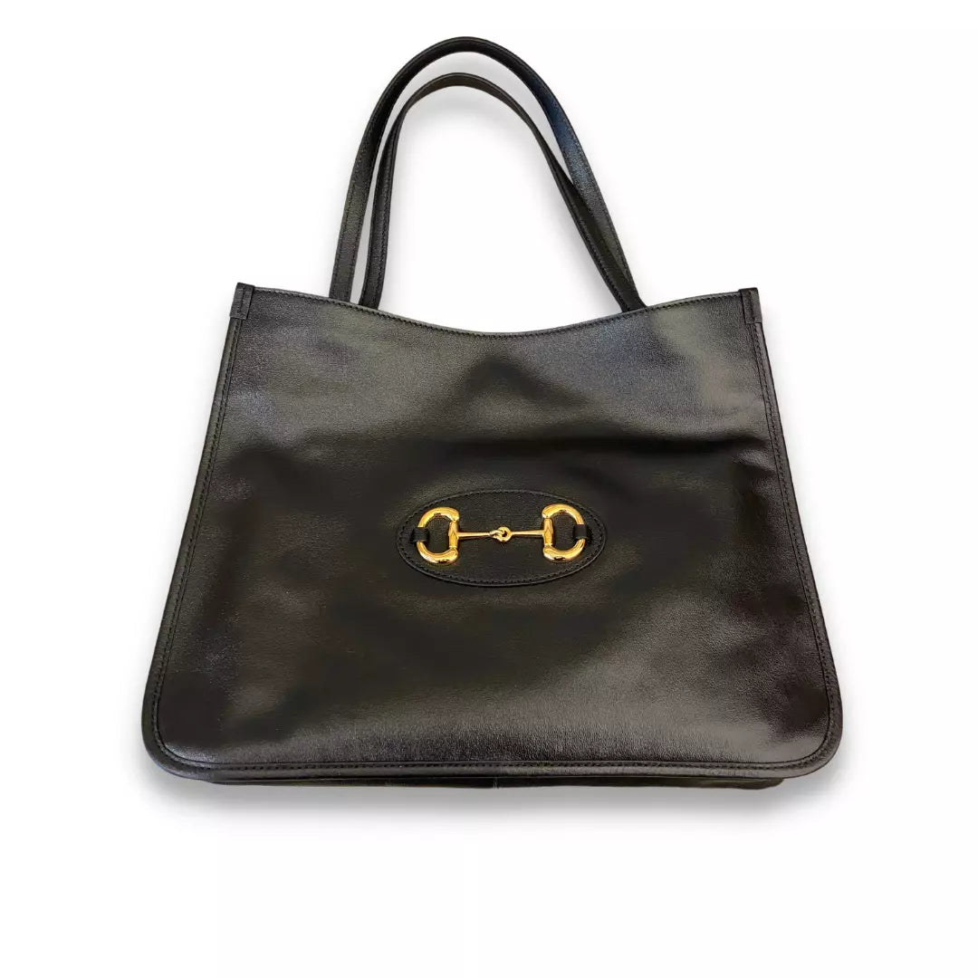 GUCCI BLACK LEATHER HORSEBIT GG TOTE BAG