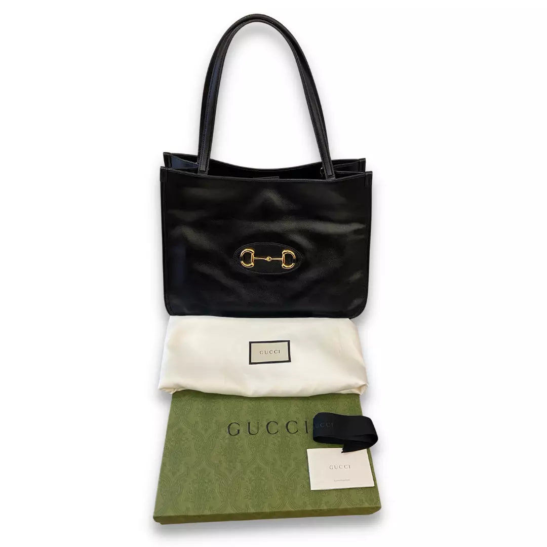 GUCCI BLACK LEATHER HORSEBIT GG TOTE BAG