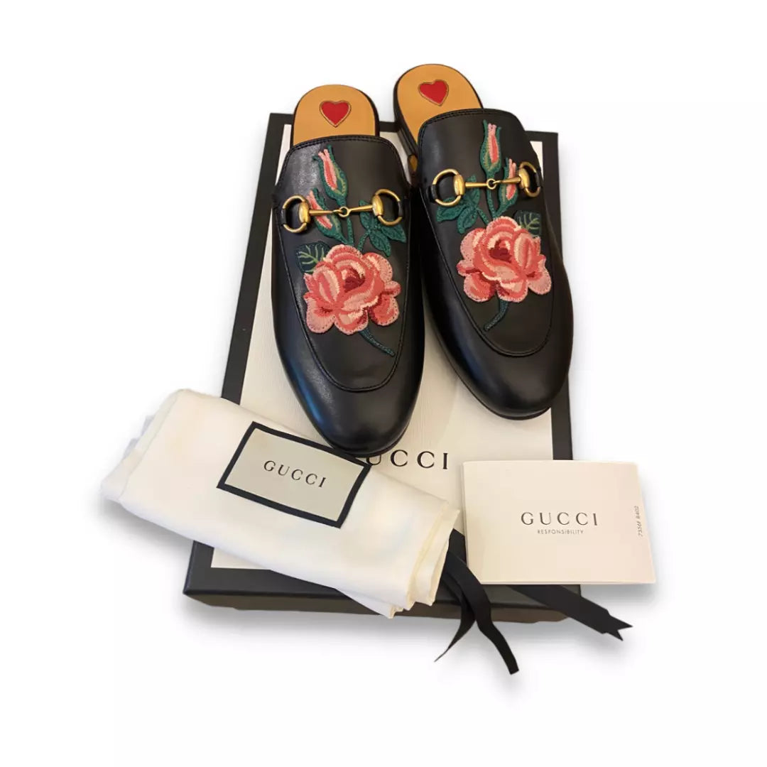GUCCI BLACK LEATHER PRINCETOWN HORSEBIT SLIPPERS