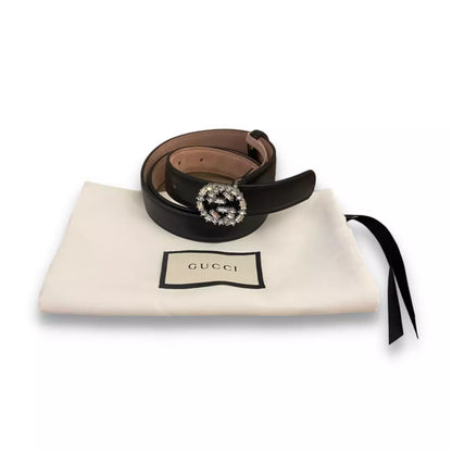 GUCCI BLACK LEATHER & CRYSTALS DOUBLE G BELT