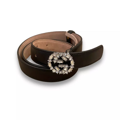 GUCCI BLACK LEATHER & CRYSTALS DOUBLE G BELT