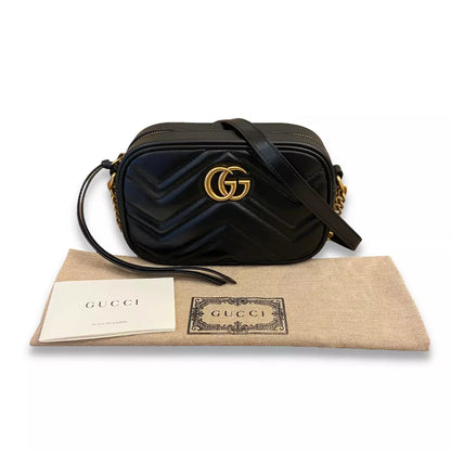 GUCCI BLACK MATELASSÉ LEATHER GG MARMONT BAG