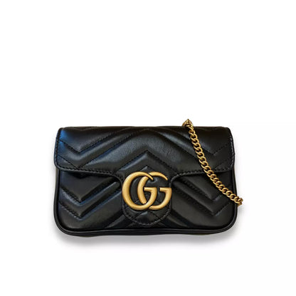 GUCCI BLACK MATELASSÉ LEATHER GG MARMONT MINI BAG
