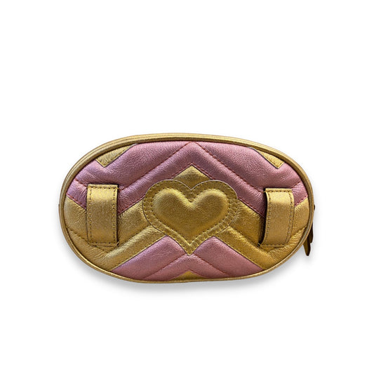 GUCCI GOLD PINK METALLIC MATELASSÉ LEATHER GG MARMONT BELT BAG