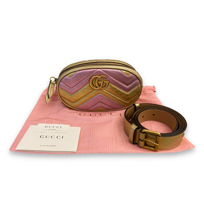 GUCCI GOLD PINK METALLIC MATELASSÉ LEATHER GG MARMONT BELT BAG
