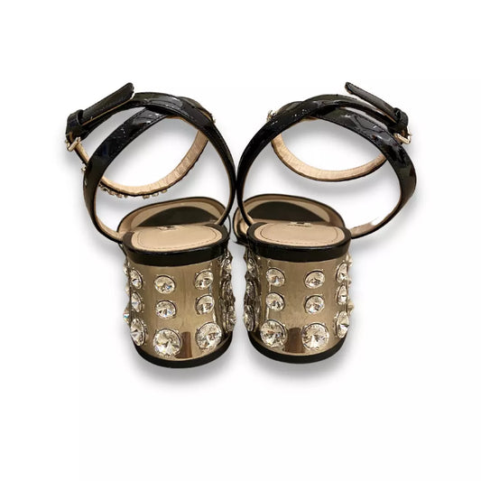 MIU MIU BLACK LEATHER CRYSTAL BLOCK SANDALS