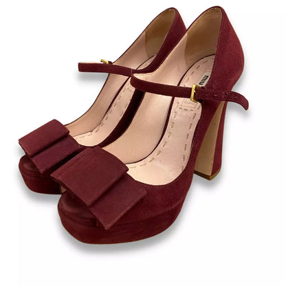 MIU MIU BURGUNDY SUEDE MARY JANE BOW PLATFORM