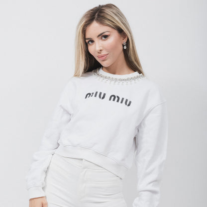 MIU MIU WHITE COTTON EMBELLISHED SWEATSHIRT