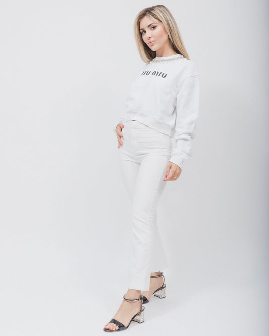 SUDADERA DE ALGODÓN BLANCA CON DECORACIONES MIU MIU